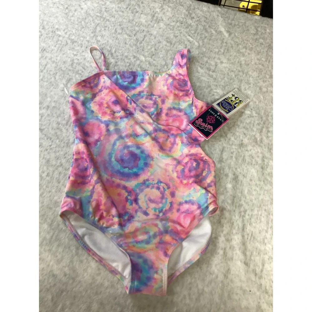 Andy & Evan Girls Pink Swirl Tie Dye One Piece Swimsuit UPF 50+ Size L 12/14 NEW